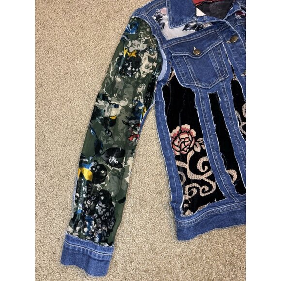 JOHN MARK Velvet Burnout Cut Out Patchwork Sheer Denim Jacket Boho Goth Fairy S - Picture 7 of 11